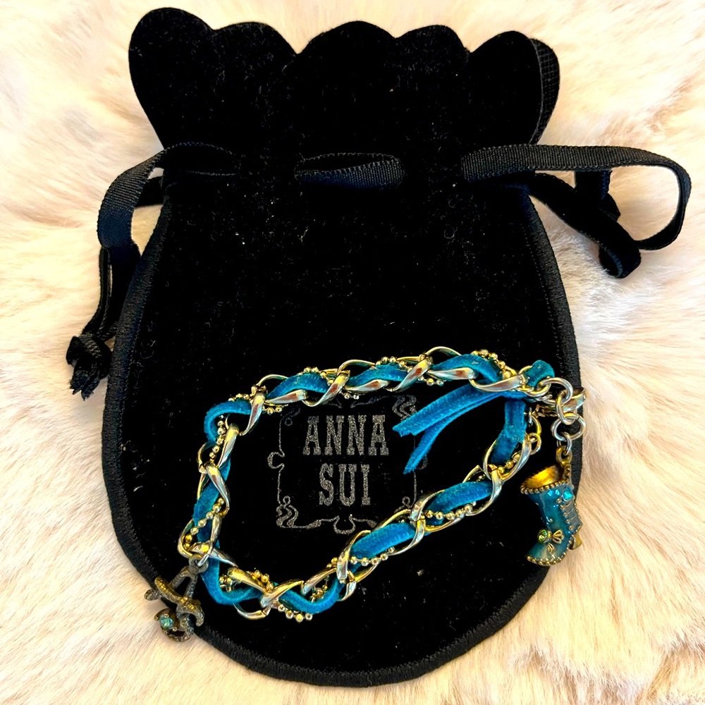 Anna Sui gold & turquoise velvet ribbon bracelet